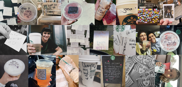 On voit plusieurs photos dans une même photo. ce sont toutes des photos des verre starbucks avec des mots d'amour dessus.