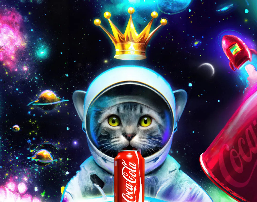 Image créée par une combinaison de l'IA et d'artistes; on voit un chat se tenir au milieu de l'image avec une canette devant lui et une couronne sur sa tête. Il a une combinaison d'astronaute et il est dans l'espace.